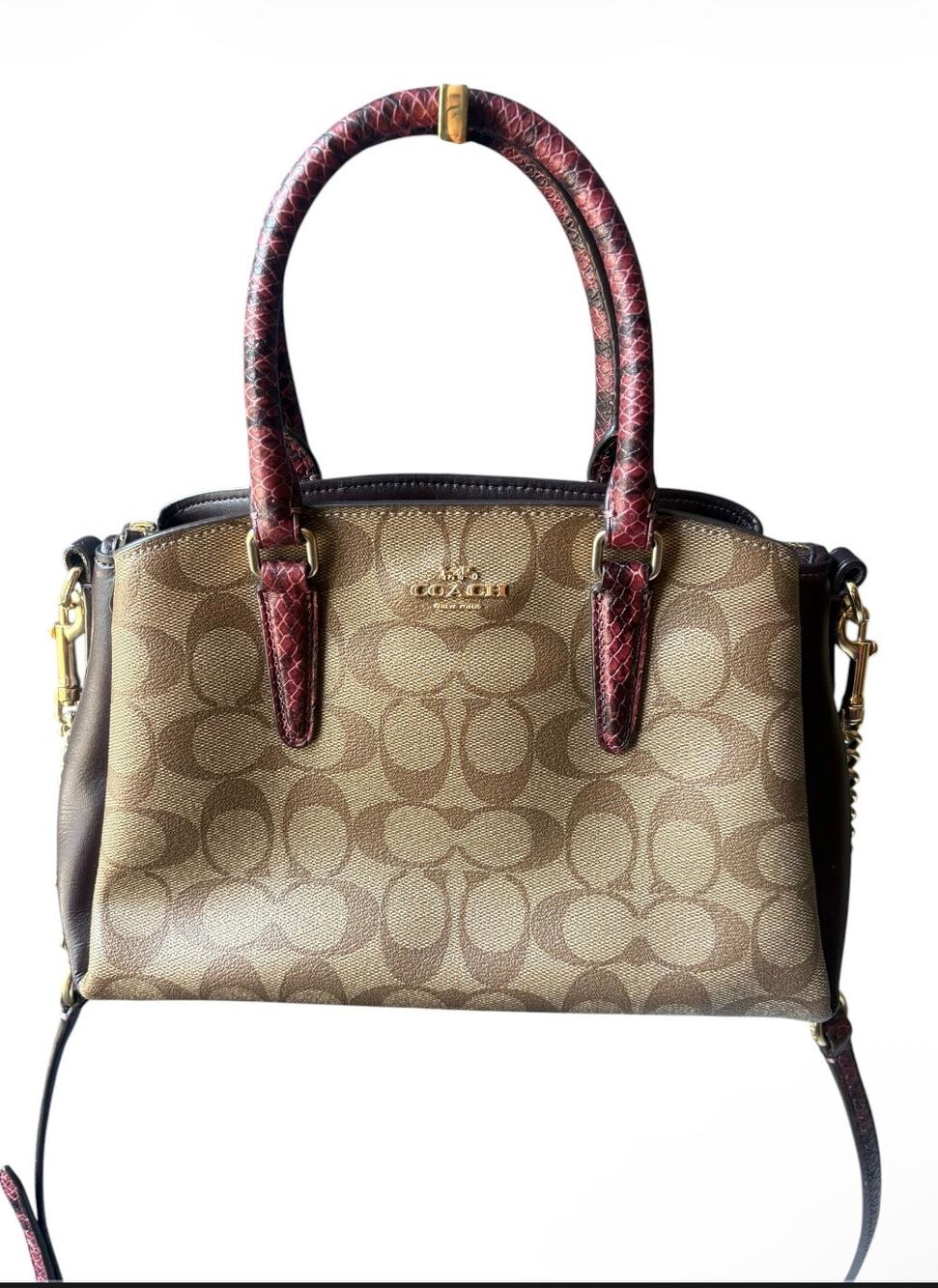 NWOT Coach mini sage carryall satchel in cc coated canvas, red embossed python
